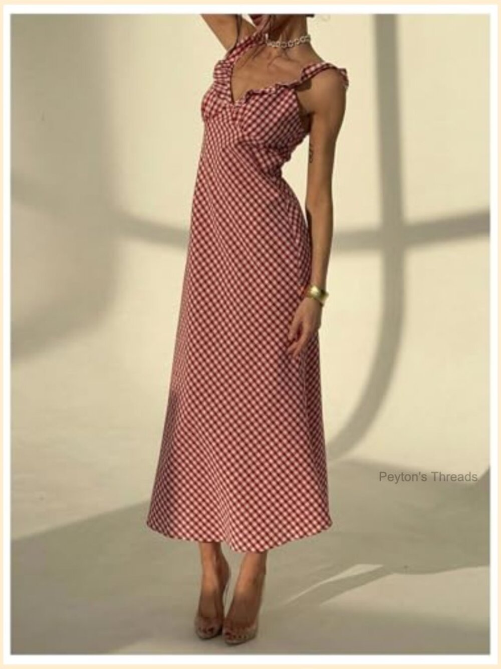 Summer Gingham Maxi Dress Ruffle Deep V Neck Sleeveless Sundress - Picture 4 of 5